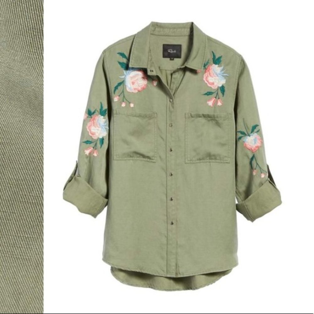 Rails Green Button Down Linen Shirt Embroidered M - image 2